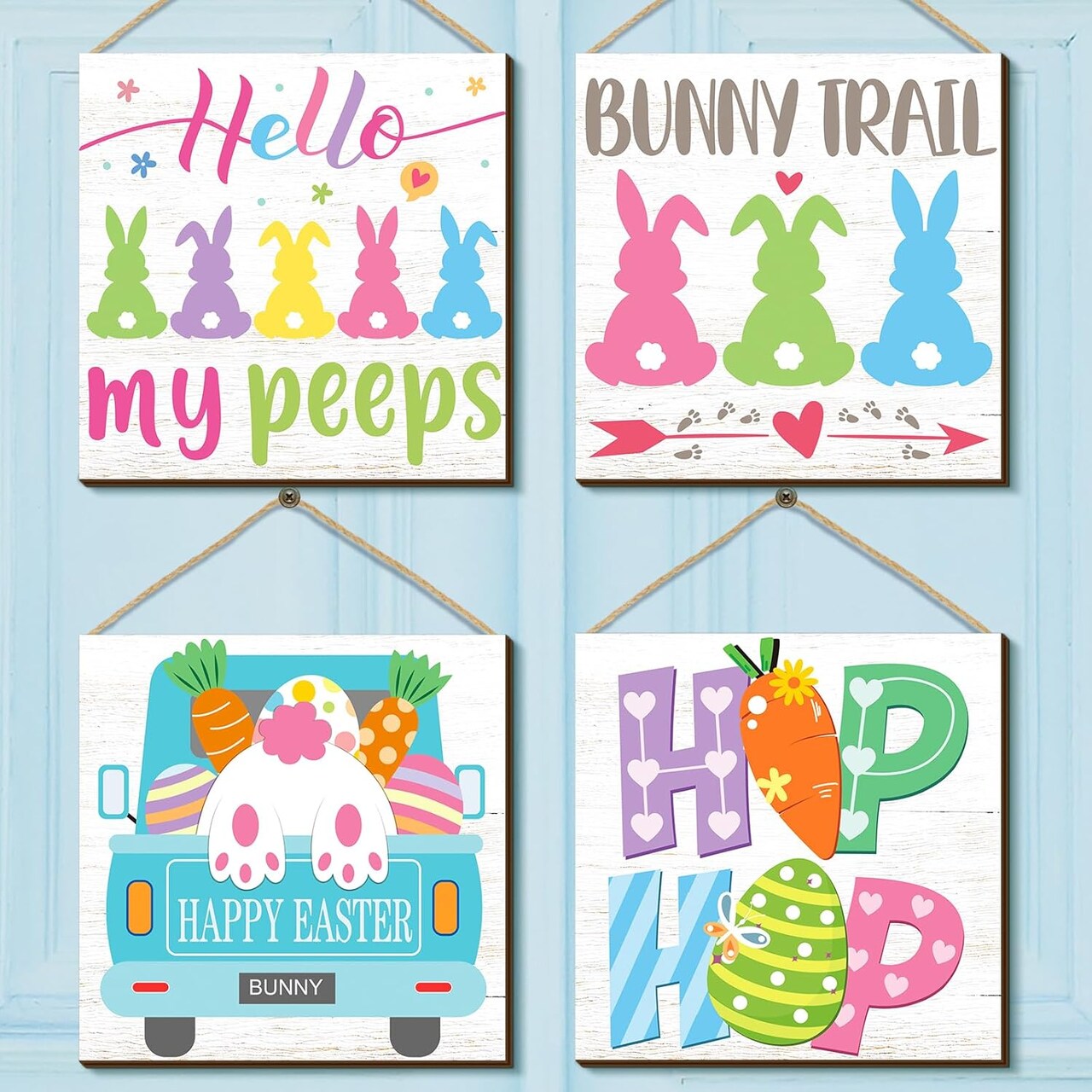 4PCS Happy Easter Door Signs – Wooden Bunny Wreaths & Wall Hanging Plaques for Front Porch & Home Decor